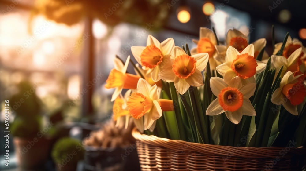 Yellow daffodils in a wicker basket on the windowsill. Mother's day concept with a space for a text. Valentine day concept with a copy space.
