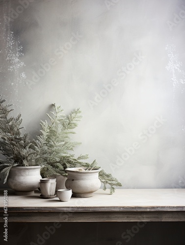 Winter Display - Fir Branches On Snowy Table  copy space  generative ai