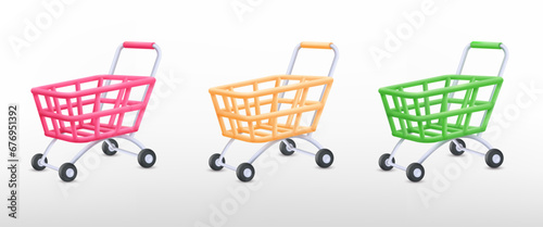 3d supermarket trolley. Render trolly cart empty hypermarket pushcart, isolated plasticine plastic wheel trolleys delivery gift shop ecommerce consumerism, tidy vector illustration