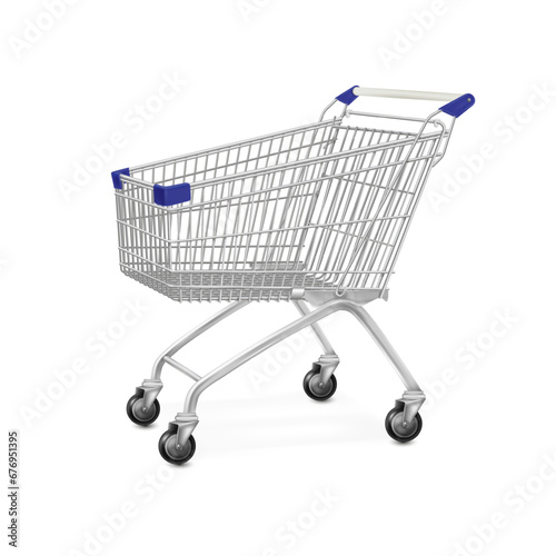 Metal supermarket cart. 3d isolated pushcart silver trolly, empty shop trolley perspective side, steel store wheel basket for shopping market, realistic tidy vector illustration © ssstocker