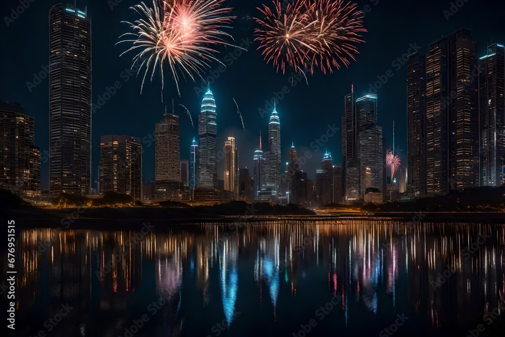 A cityscape with skyscrapers and fireworks.