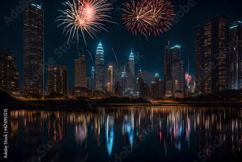 A cityscape with skyscrapers and fireworks. © Muhammad