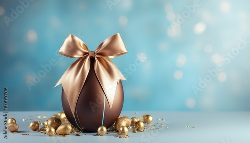 easter egg chocolate wrapped with golden ribbon bow ,blue light background , with copy space , faded sparkles bokeh 