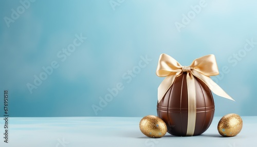 easter chocolate egg wrapped in golden ribbon with a small gold accent on a blue light background, featuring copy space