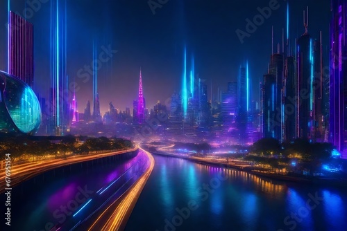 A futuristic cityscape with neon bubbles and sleek, futuristic wave patterns.