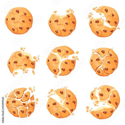 Crumbling cookie. Crunchy yummy cookies with chocolate crumb broken texture, bitten piece of homemade biscuit sugar chip cake traditional sugar dessert, neat vector illustration