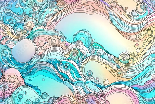 An abstract oceanic background with waves and foamy bubbles in pastel colors.