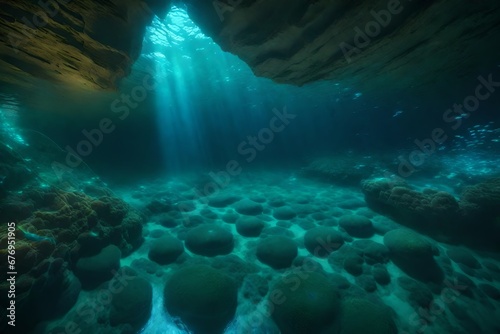 An underwater cavern with bioluminescent bubbles and mysterious, dark waves. © Muhammad