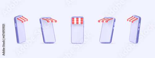 Smartphone awnings. 3d phone with colorful summer shop canopy, mobile kiosk store awning striped canopies, digital internet market sale tent roof shade decent vector illustration
