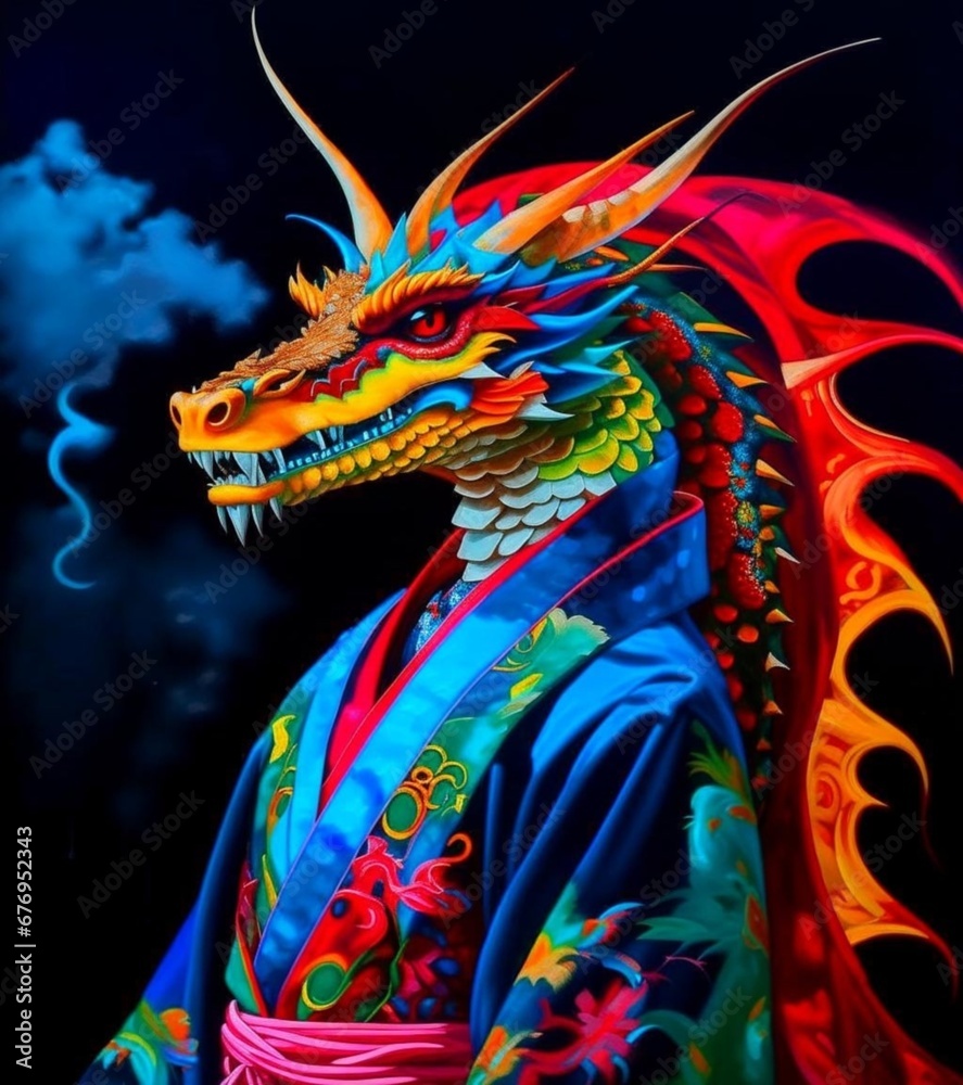 Chinese Year of the Dragon. Portrait depicting a realistic oriental dragon in a kimono. Anthropomorphism. A powerful symbol of the 2024 New Year in the culture of the East. Illustration.