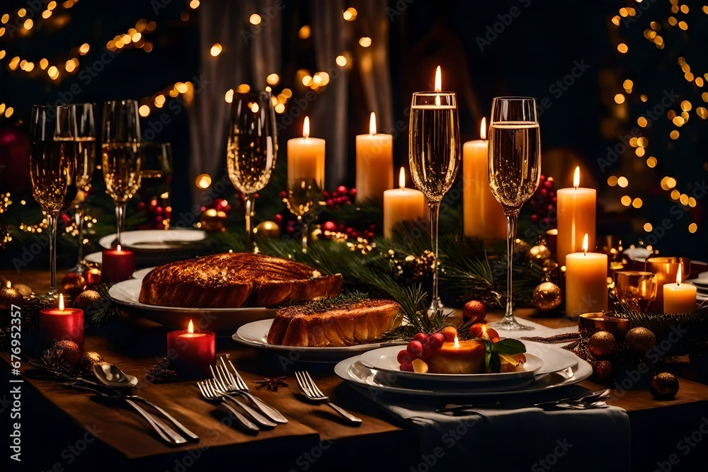 A festive dinner table with candles and champagne.