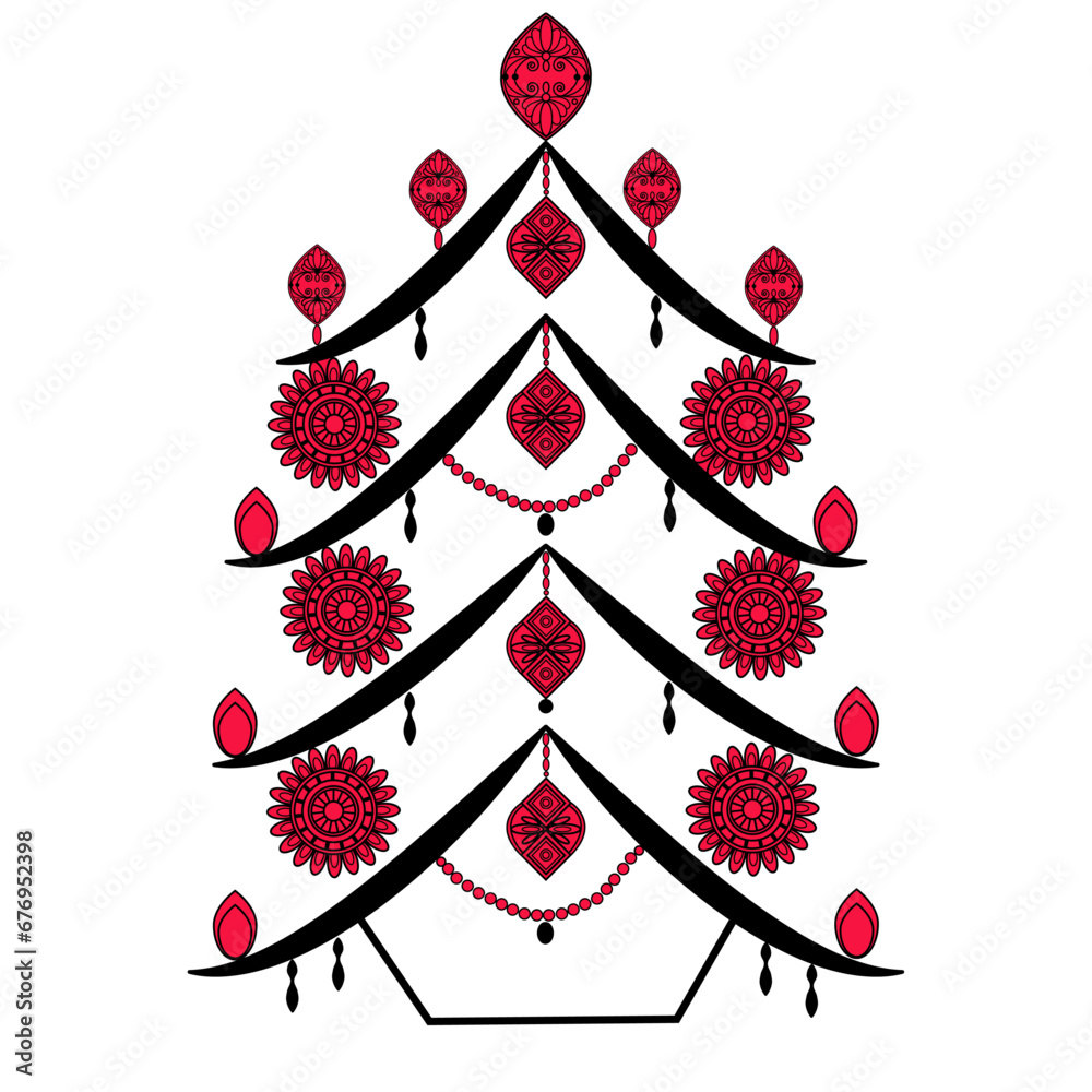 Vector illustration of a stylized christmas tree with mandala decoration, illustrazione vettoriale di albero di natale stilizzato con decorazioni mandala - obrazy, fototapety, plakaty 