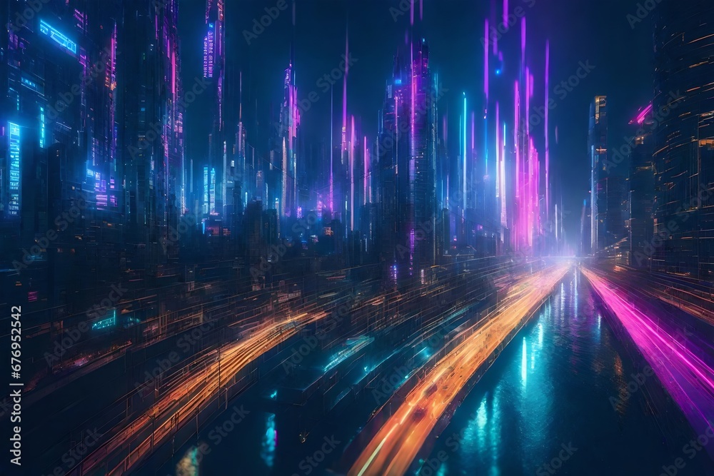 A futuristic cyberpunk cityscape with neon bubbles and glitchy wave effects.