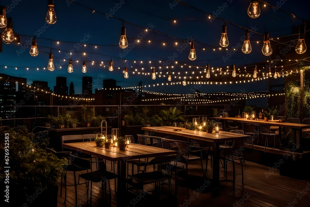 An urban rooftop garden with a string of Edison bulbs hanging overhead, illuminating a romantic outdoor dining area under the stars.