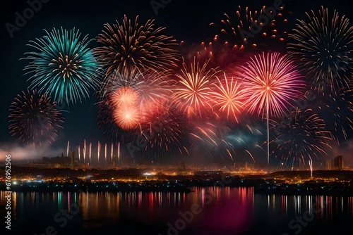 Vibrant fireworks lighting up the New Year's night sky.