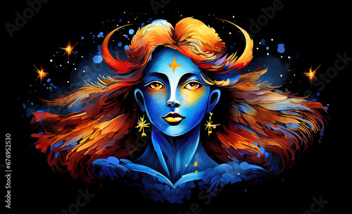 Zodiac sign Virgo. Beautiful girl with blue and orange hair.