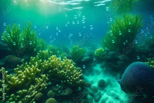 A vibrant underwater scene with bubbles in shades of blue and green.