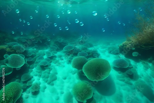 A vibrant underwater scene with bubbles in shades of blue and green.