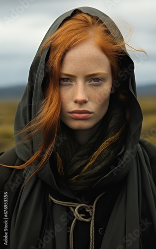 woman red hair hood field perfect face model elvish ugliness beauty scandinavian norse influenced australian desert awesome color blond wrapped black scarf