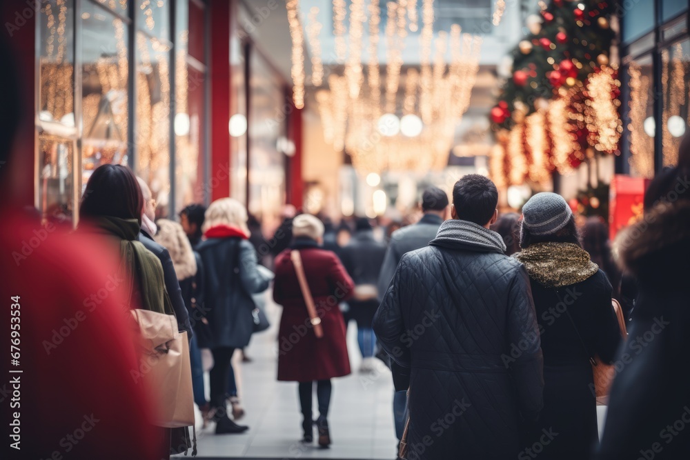 A crowded shopping mall during Christmas holiday season, with shoppers out of focus in the foreground, frantically searching for gifts, during the afternoon. - obrazy, fototapety, plakaty 