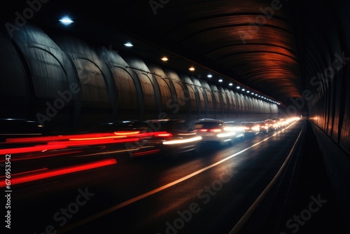 An out of focus of a line of cars in a tunnel, with traffic moving, during the night with tunnel lights and car headlights creating a dynamic atmosphere.