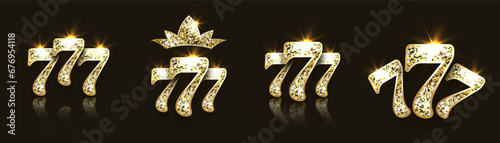 Set of golden glittering 777 icons on black background. Jackpot casino winning concept. Big win slots. Triple lucky sevens. Vector illustration