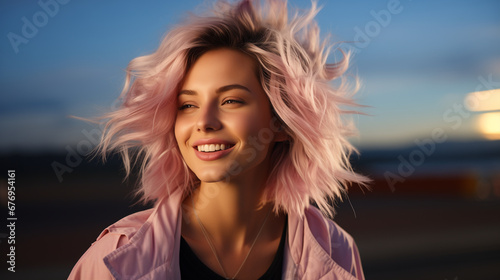 Ritratto di una bellissima giovane ragazza con capelli mossi color rosa su uno sfondo sfocato photo
