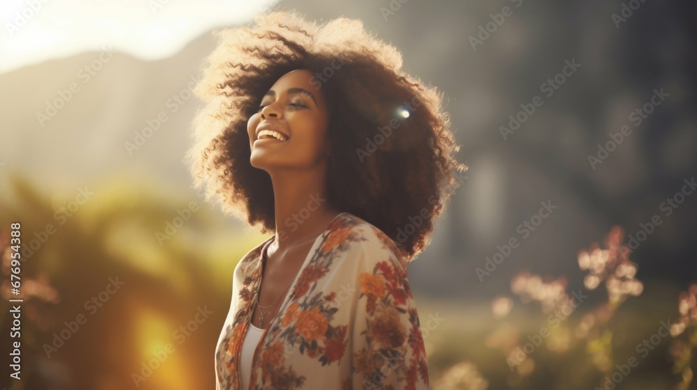 Joyful Black Woman Embracing Nature with Open Arms: Freedom and Happiness. Generative ai - obrazy, fototapety, plakaty 