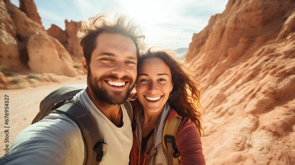 Joyful Couple Capturing Selfie in Rocky Desert on Summer Vacation. Generative ai
