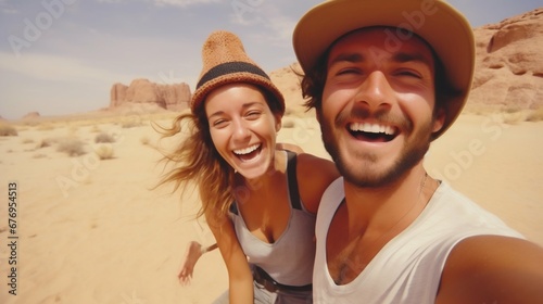 Joyful Couple Capturing Selfie in Rocky Desert on Summer Vacation. Generative ai