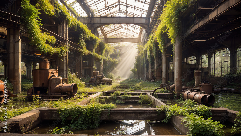 Destroyed factory overgrown with a large number of plants with rusty mechanisms and beautiful daytime lighting