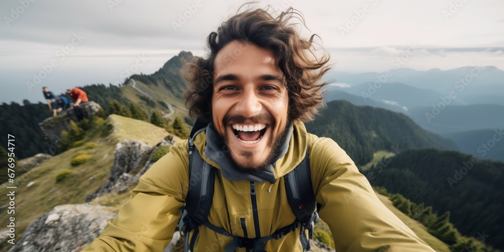 Young Hiker Taking Selfie Atop Mountain: Tourism and Social Media Influence. Generative ai