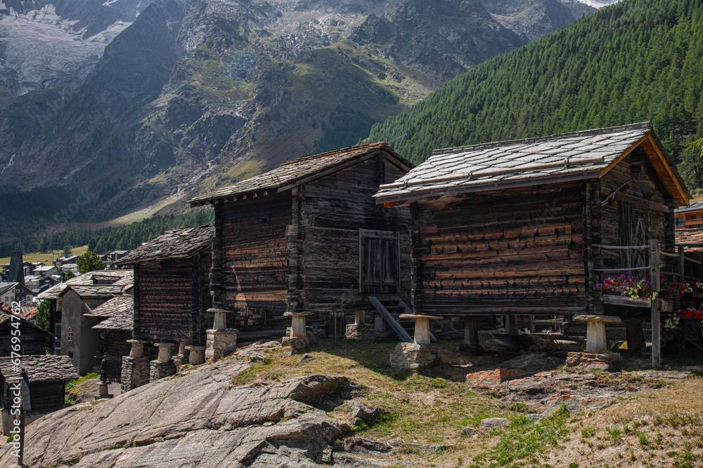Wooden beam houses in Saas Fee, Switzerland