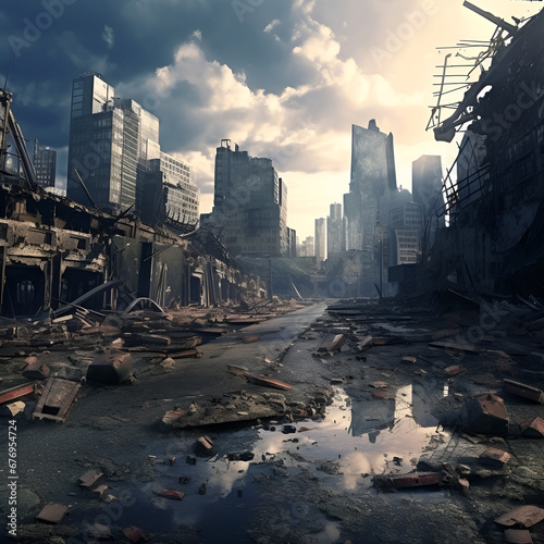 Post apocalyptic city background. Destroyed buildings, cracked road © Sweet_Harmony💙💛