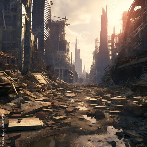 Post apocalyptic city background. Destroyed buildings, cracked road