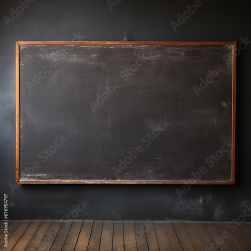 A blank blackboard on a wall. An old used black board on a grungy dim classroom. Generative AI. 