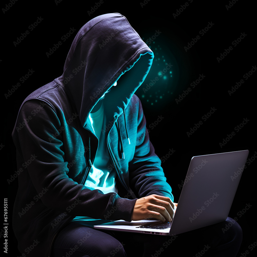 hacker in hoodie and mask that hides his face works at laptop. PNG isolated on transparent background hacker in hoodie and mask that hides his face works at laptop. PNG isolated on transparent background