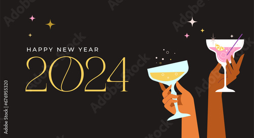 Happy New Year, poster, banner and card design with festive cocktails