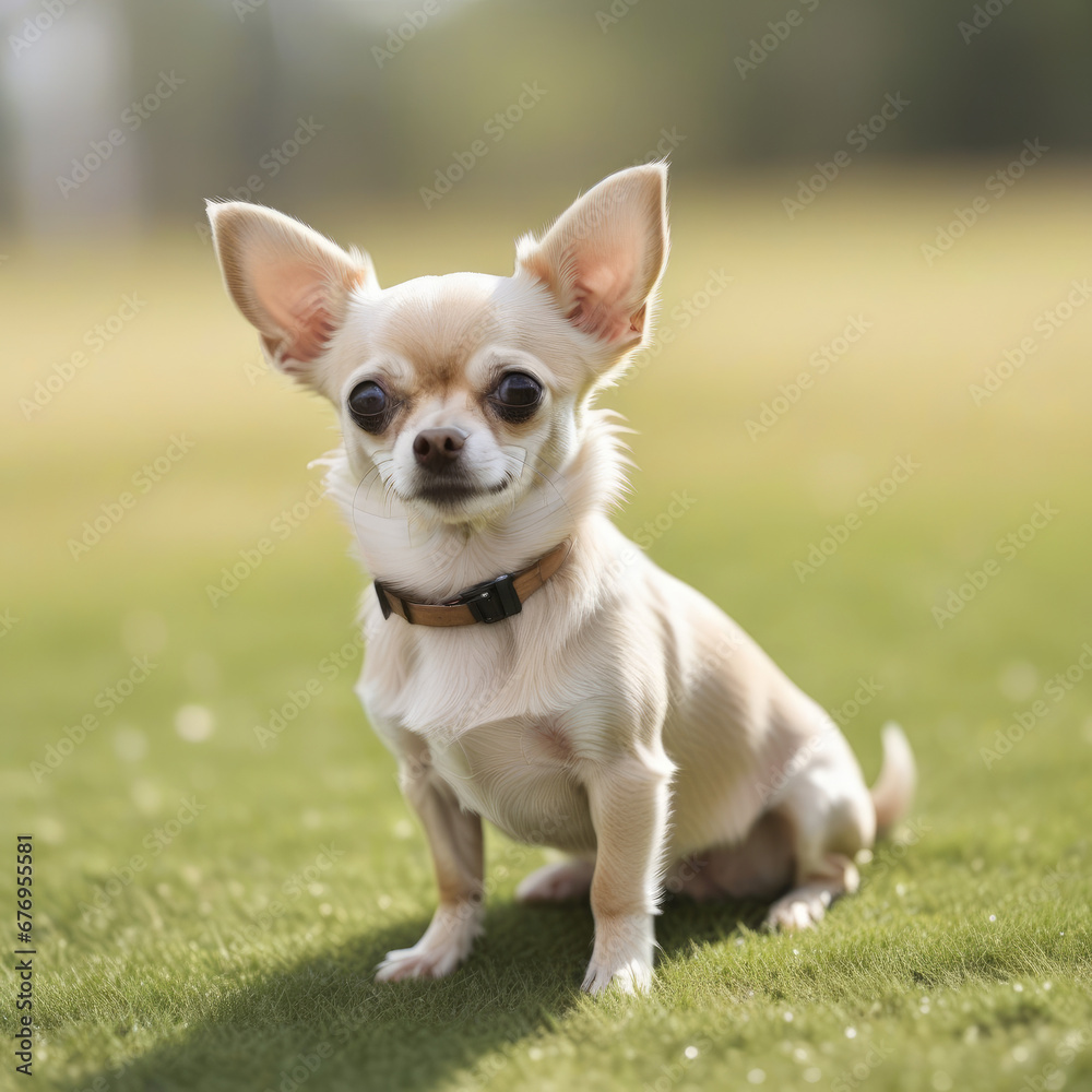 chihuahua puppy sitting on the grass with a collar chihuahua puppy sitting on the grass with a collar