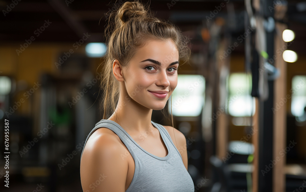 Happy nice young woman in a gym.