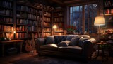 A library with a cozy, well-lit reading corner.