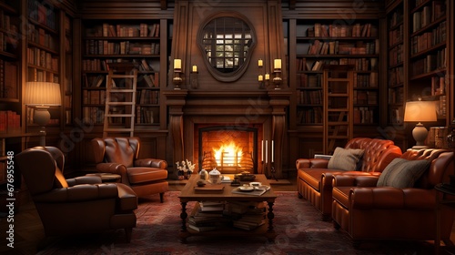 A library with a cozy fireplace and comfortable armchairs.