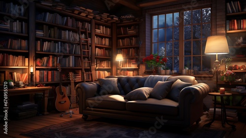 A library with a cozy, well-lit reading corner.