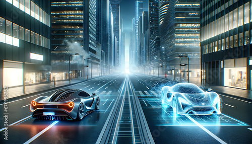Digital twin concept of physical and holographic car. 