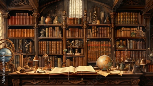 A library with a collection of antique manuscripts and scrolls.