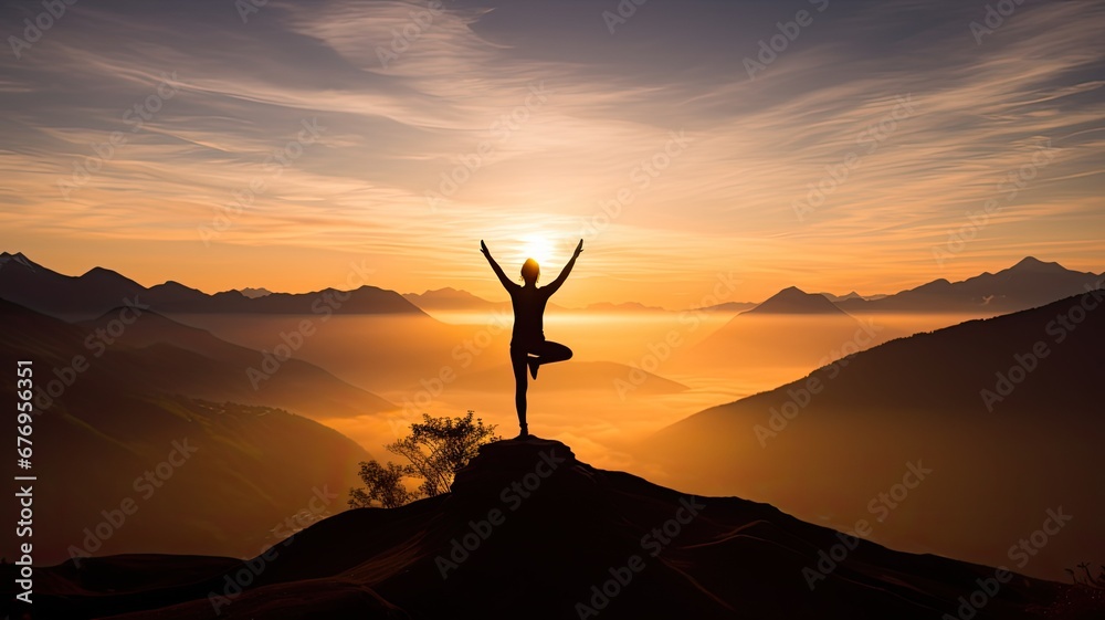 A silhouette of a person practicing yoga on a mountaintop during sunrise, symbolizing mindfulness and well-being