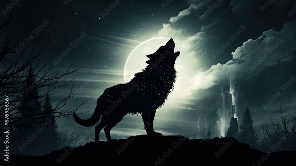 A lone wolf howling at the moon in silhouette, representing the mystique of nature's creatures A lone wolf howling at the moon in silhouette, representing the mystique of nature's creatures