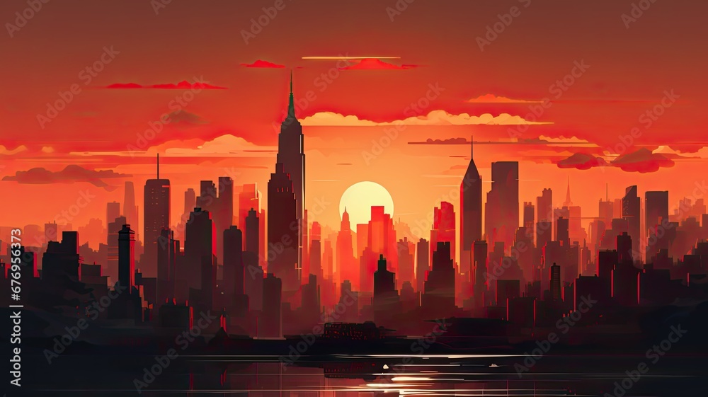 A skyline silhouette of a bustling city at sunset, emphasizing the iconic buildings and structures
