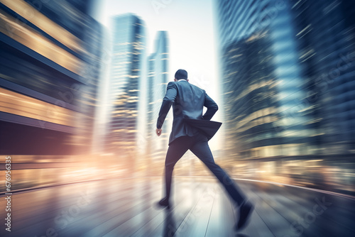A businessman runs as fast as he can through an office building street in order to successfully plan an innovative idea. Concept for achieving business goals and not missing out on business opportunit