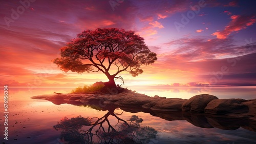 An isolated tree against a vibrant sunset, showcasing the beauty of solitary natural elements